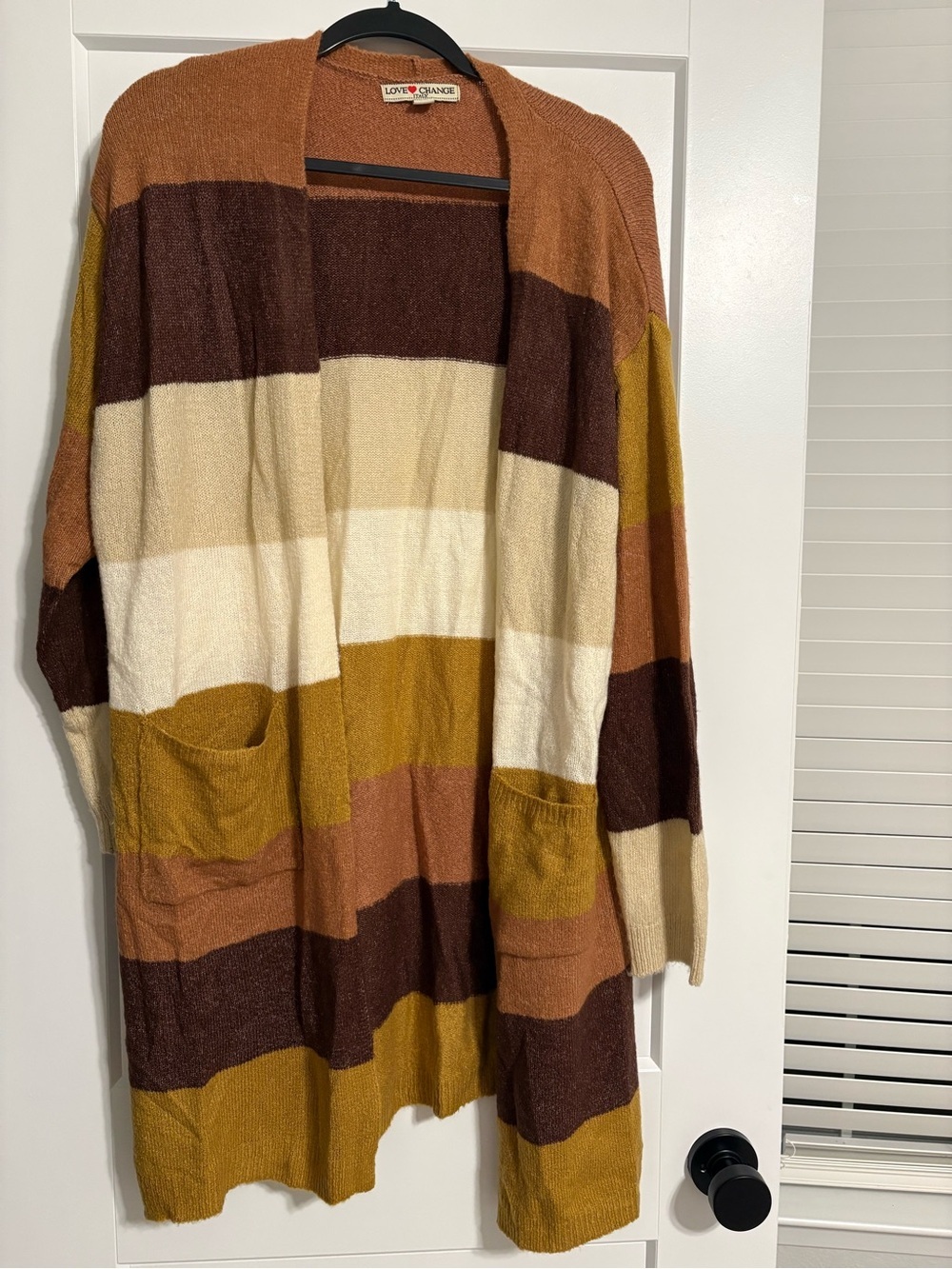 Love Change Striped Open-Front Cardigan in Mustard, Brown & Cream